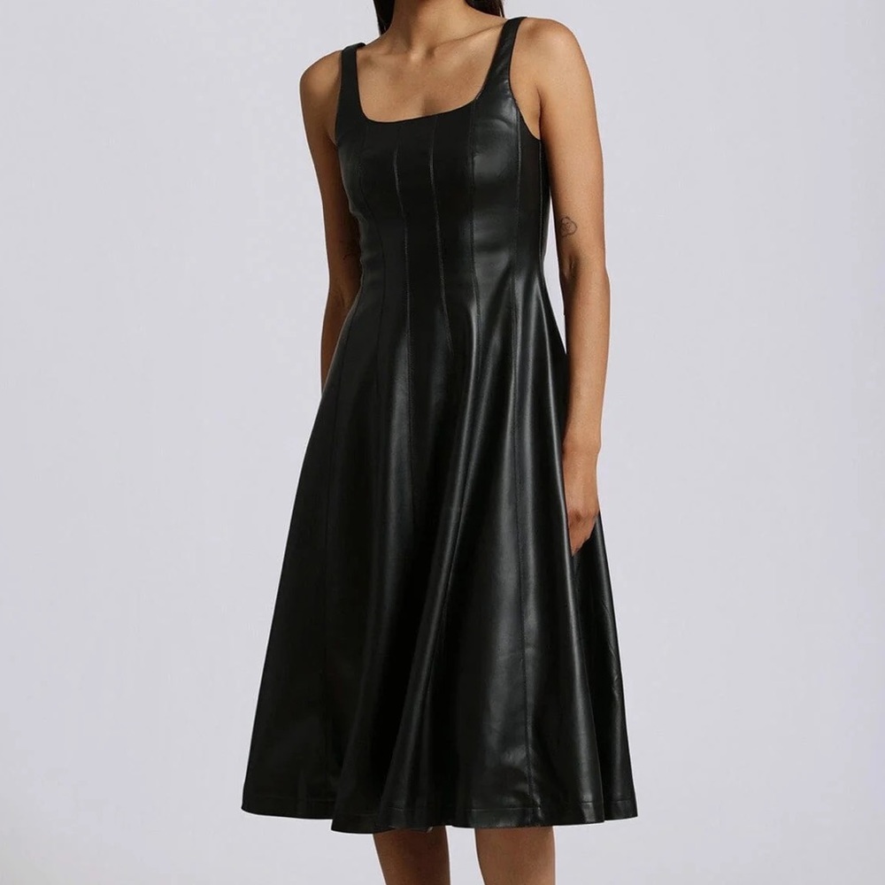 7 FOR ALL‎ MANKIND FAUX-EVER LEATHER FIT-AND-FLARE MIDI DRESS